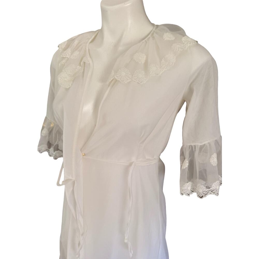 Vintage Felina 70s Ruffled Collar Double Chiffon Peignoir Robe S - Picture 3 of 12